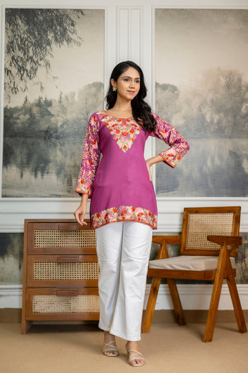 TOK Aari Embroidered Cotton Solid Women's Short Kurta - Purple