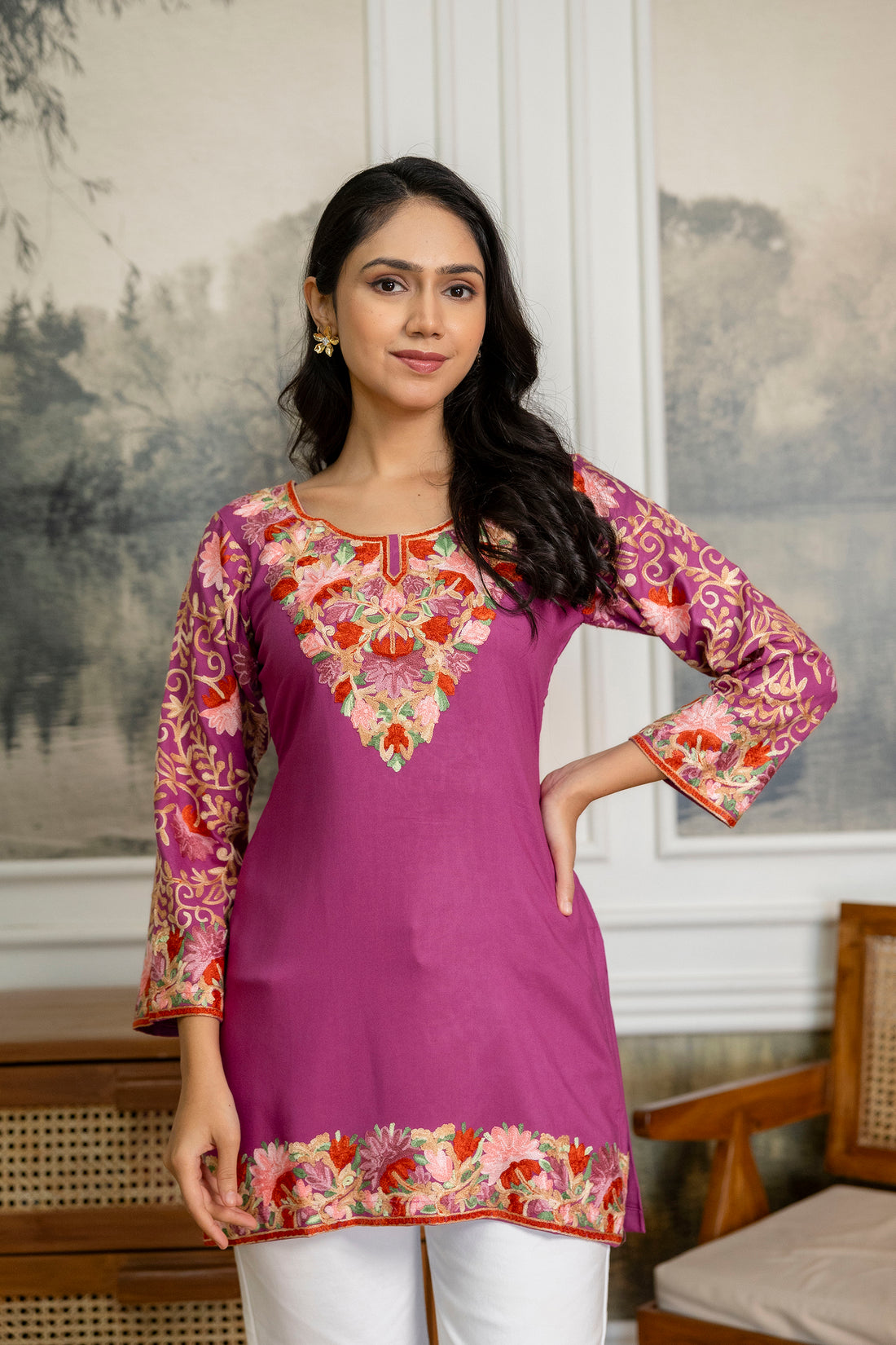 TOK Aari Embroidered Cotton Solid Women's Short Kurta - Purple