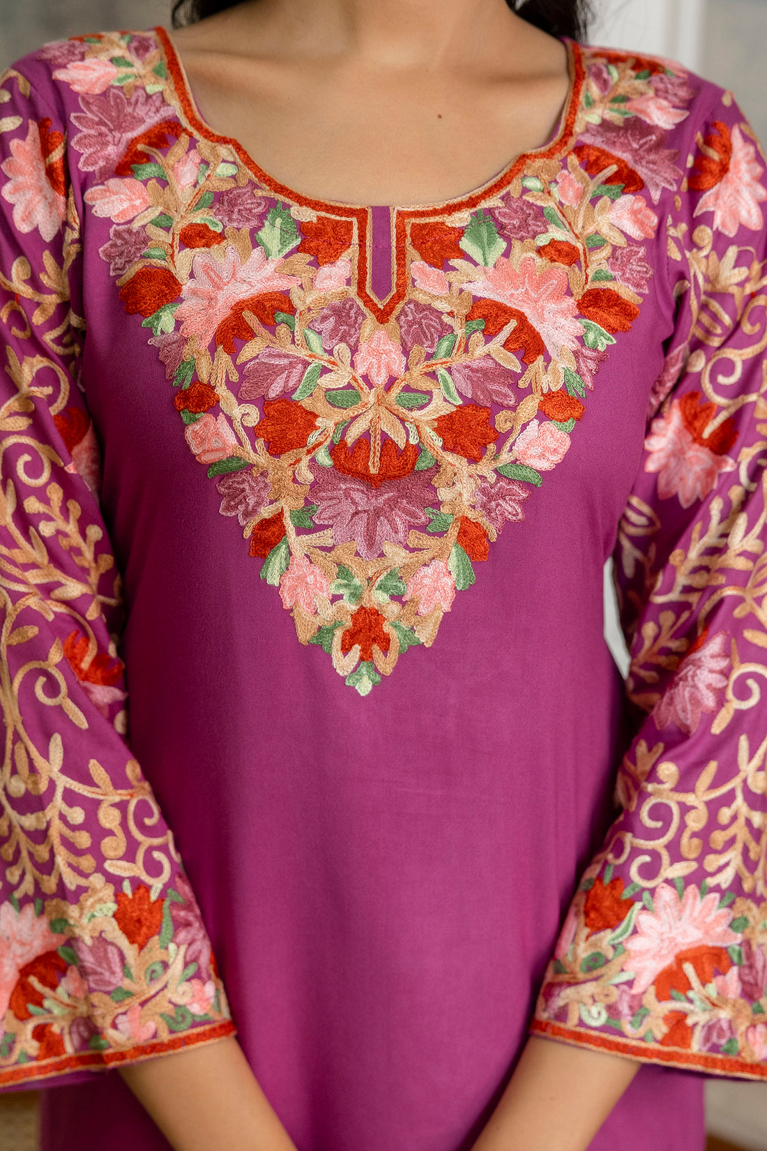 TOK Aari Embroidered Cotton Solid Women's Short Kurta - Purple