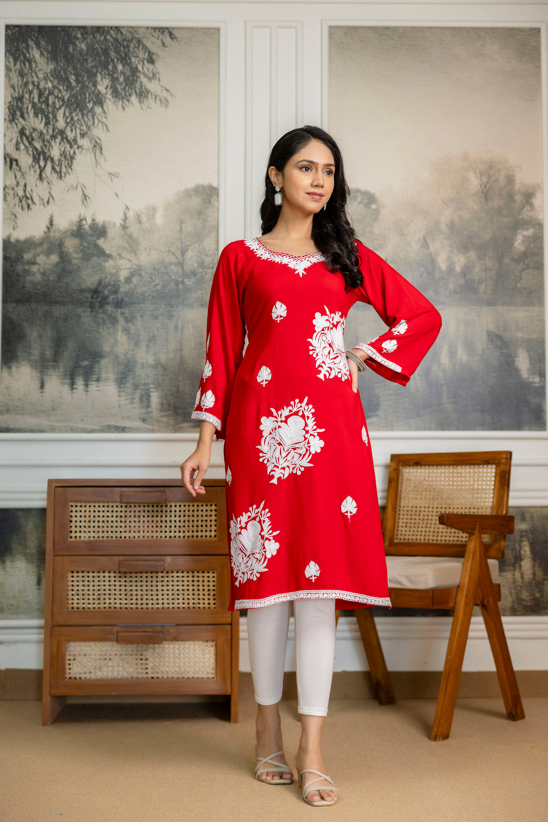 TOK Aari Embroidered Cotton Solid Women's Long Kurta - Red