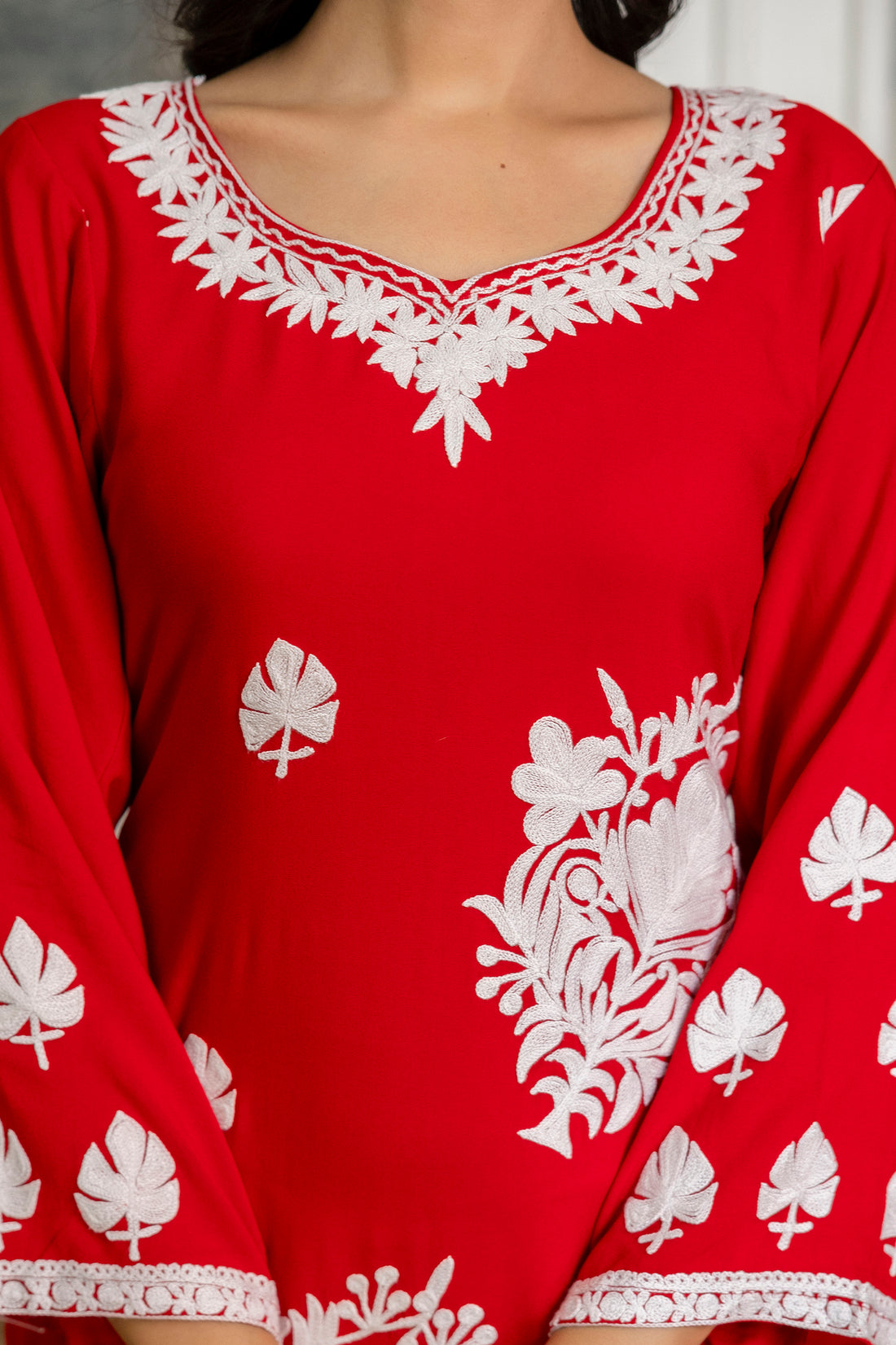 TOK Aari Embroidered Cotton Solid Women's Long Kurta - Red