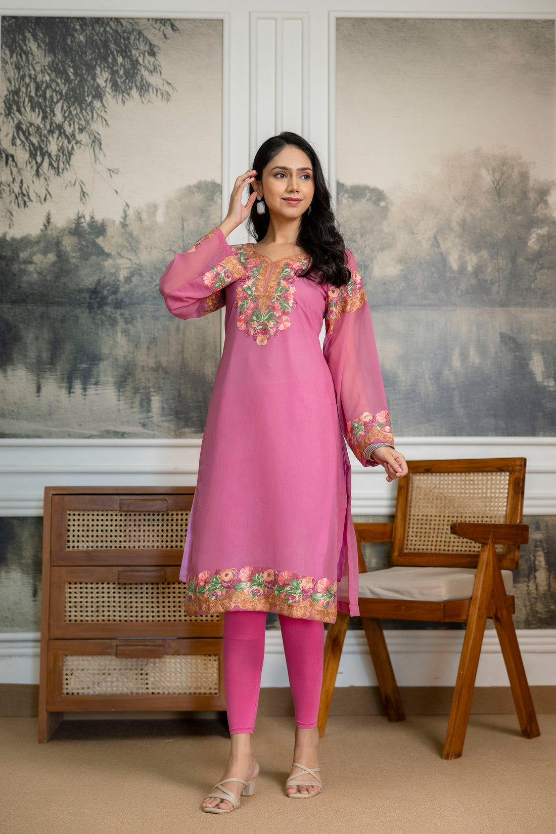 TOK Aari Embroidered Georgette Women's Long Kurta - Pink