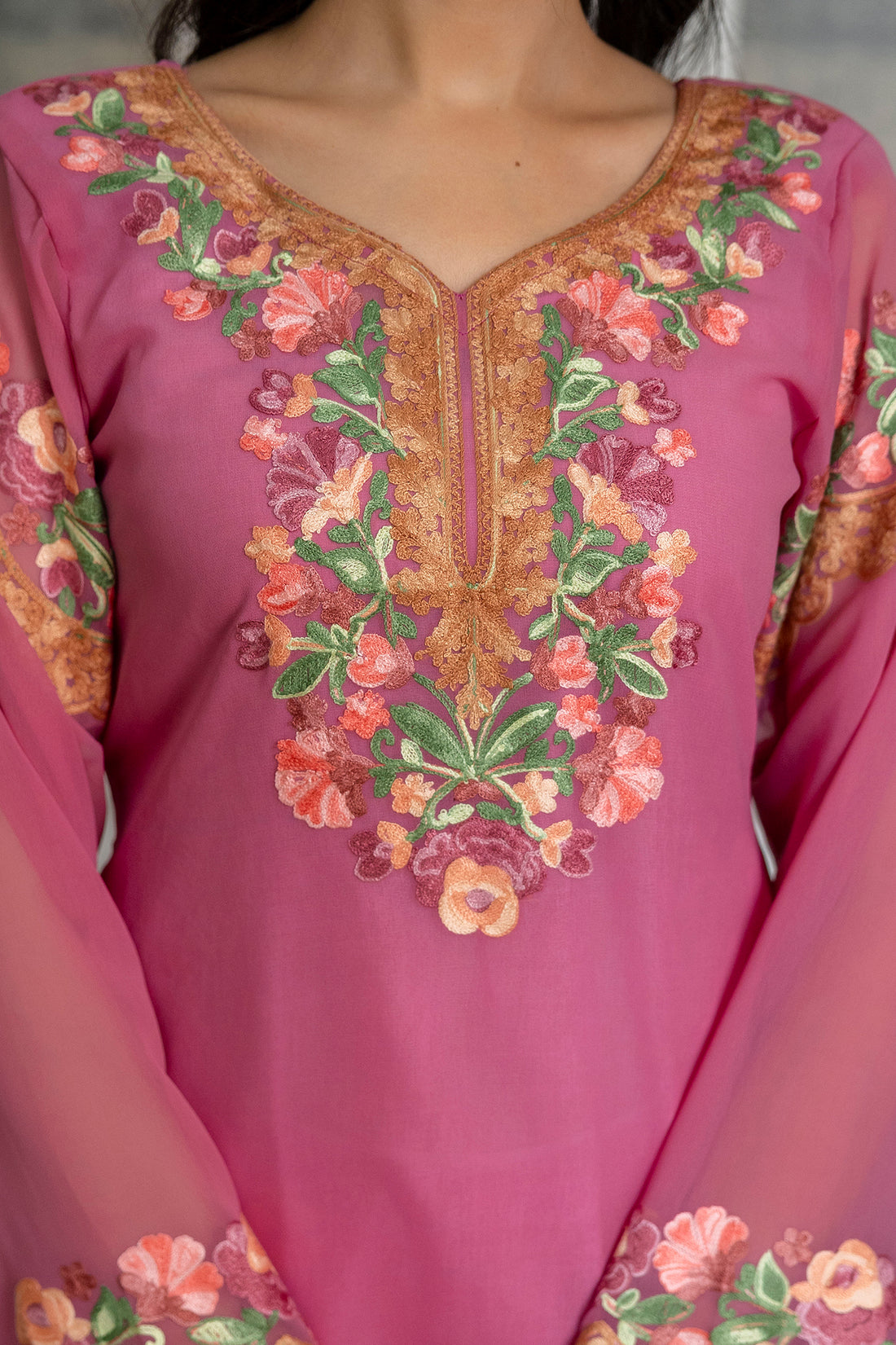 TOK Aari Embroidered Georgette Women's Long Kurta - Pink