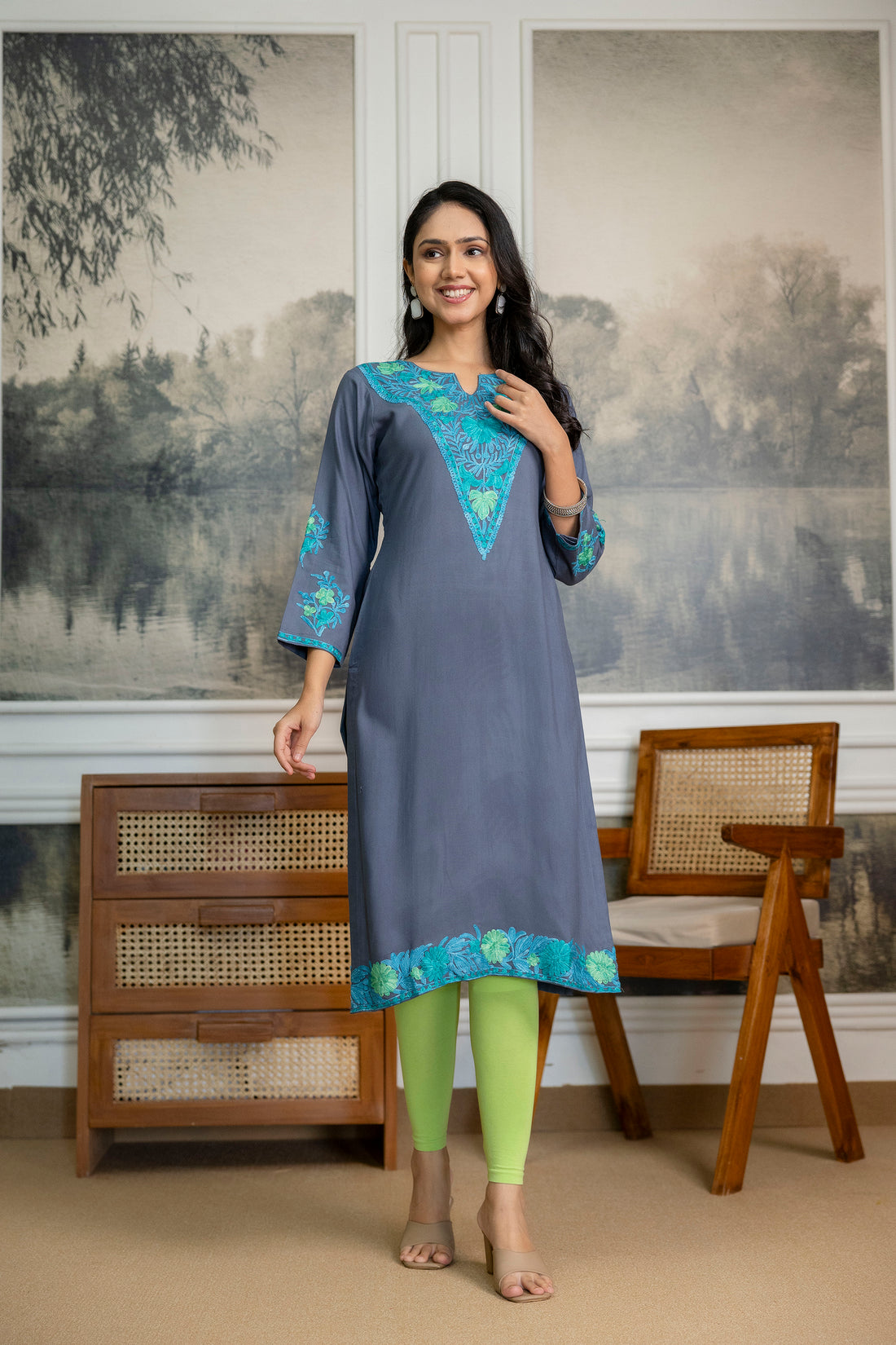 TOK Aari Embroidered Cotton Solid Women's Long Kurta - Grey