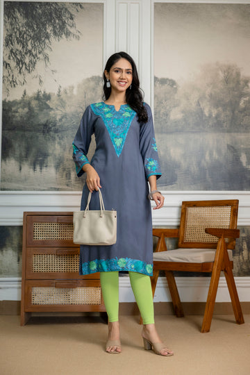 TOK Aari Embroidered Cotton Solid Women's Long Kurta - Grey