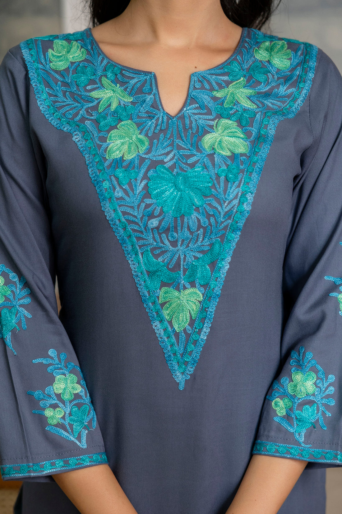 TOK Aari Embroidered Cotton Solid Women's Long Kurta - Grey