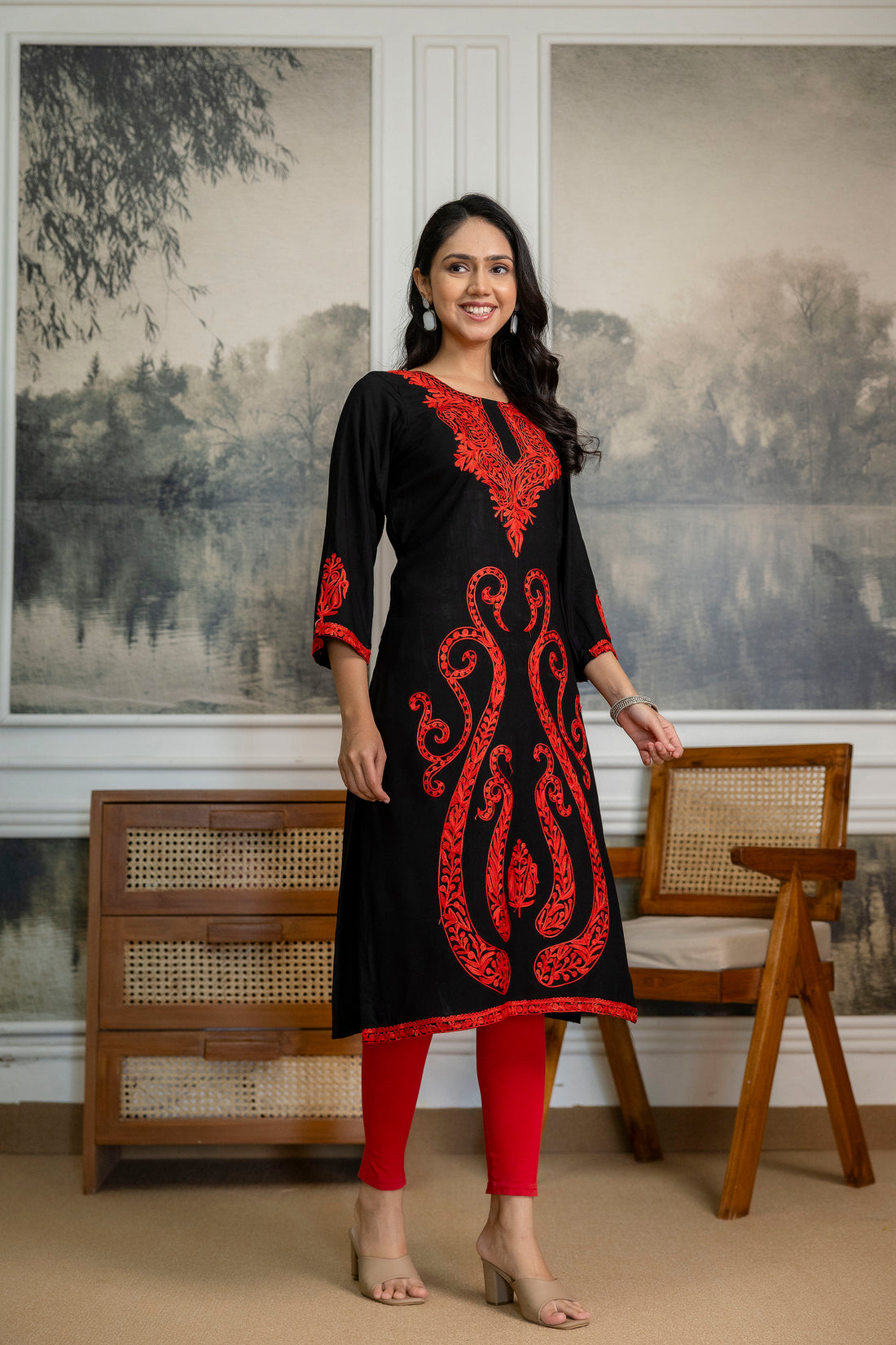 TOK Aari Embroidered Cotton Solid Women's Long Kurta - Black