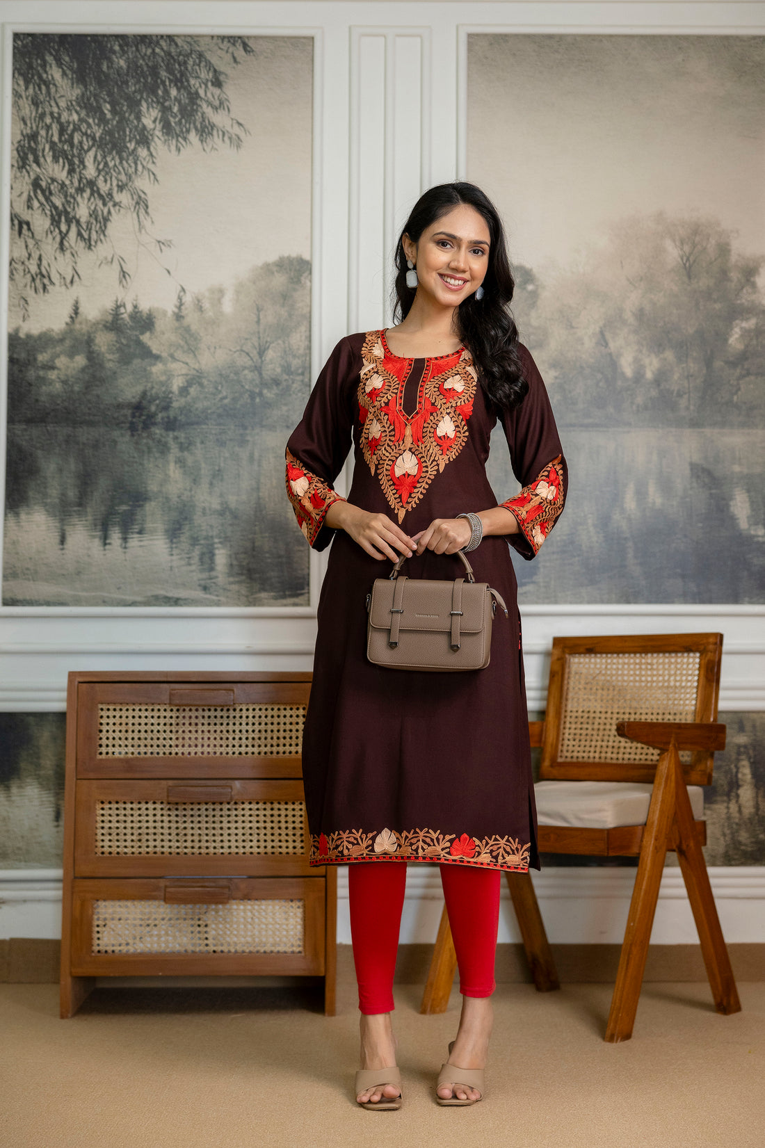 Dark Brown Cotton Kashmiri Aari Embroidered Kurti