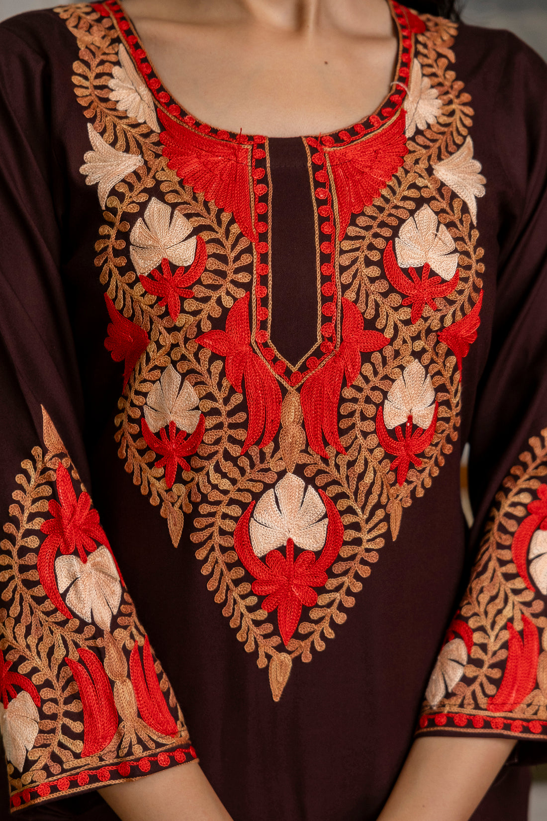 Dark Brown Cotton Kashmiri Aari Embroidered Kurti