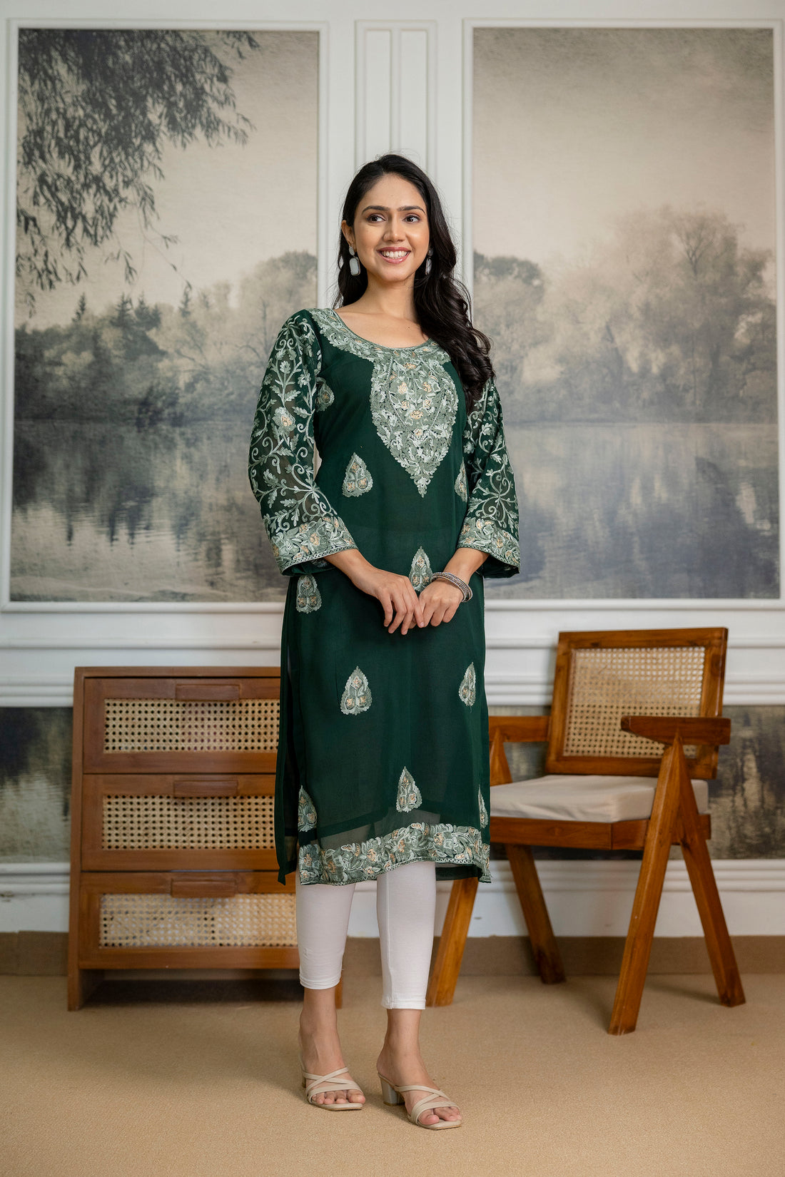 TOK Aari Embroidered Georgette Women's Long Kurta - Bottle Green