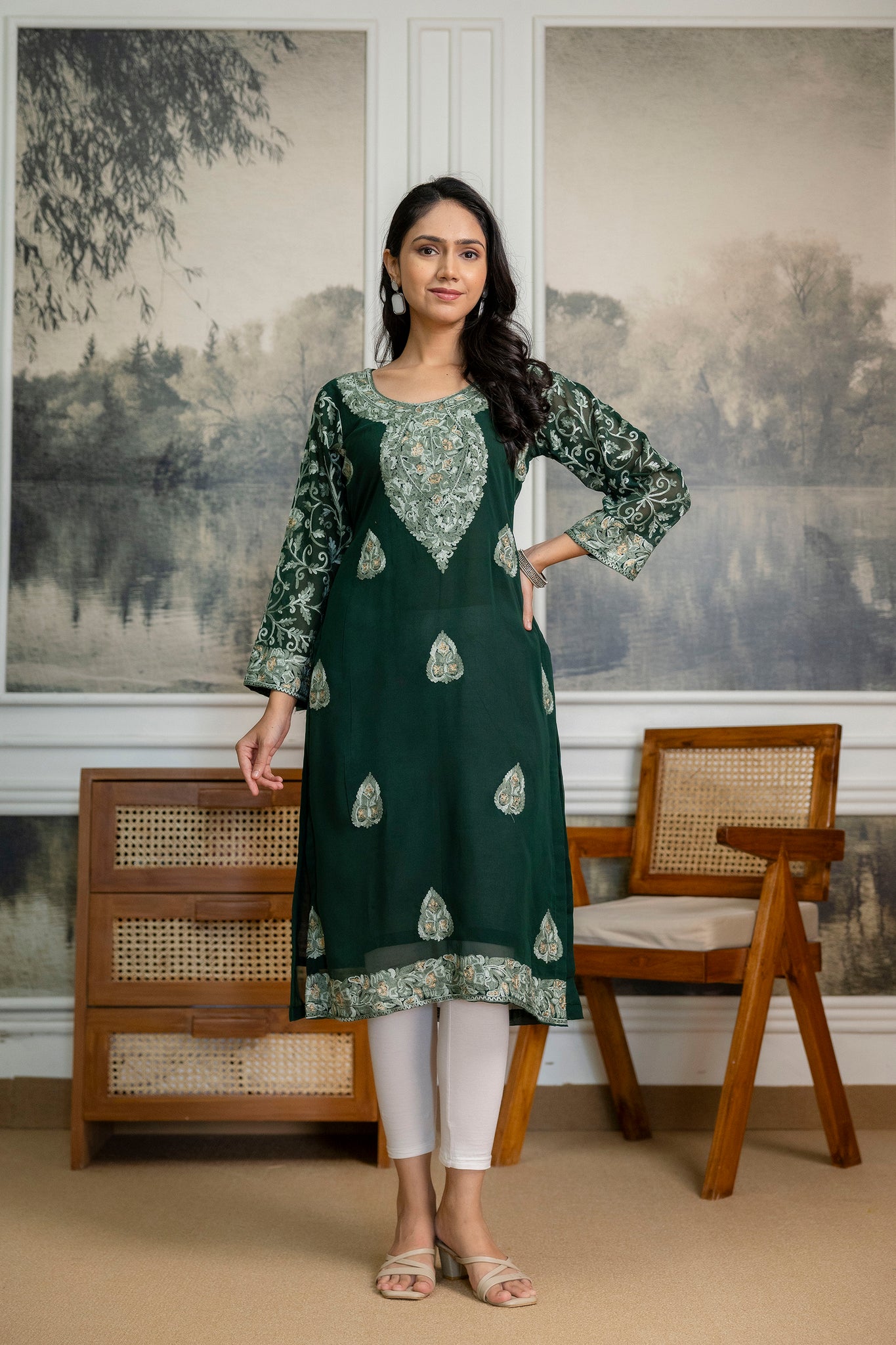 TOK Aari Embroidered Georgette Women's Long Kurta - Bottle Green