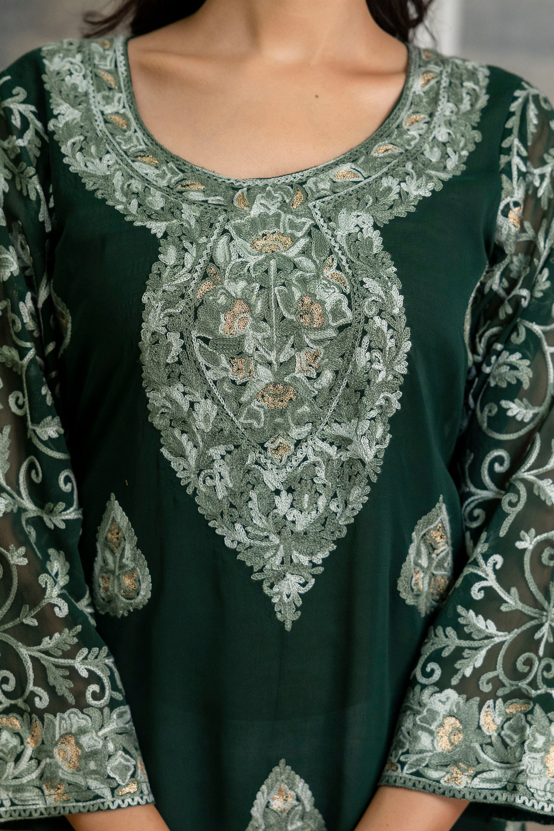 TOK Aari Embroidered Georgette Women's Long Kurta - Bottle Green