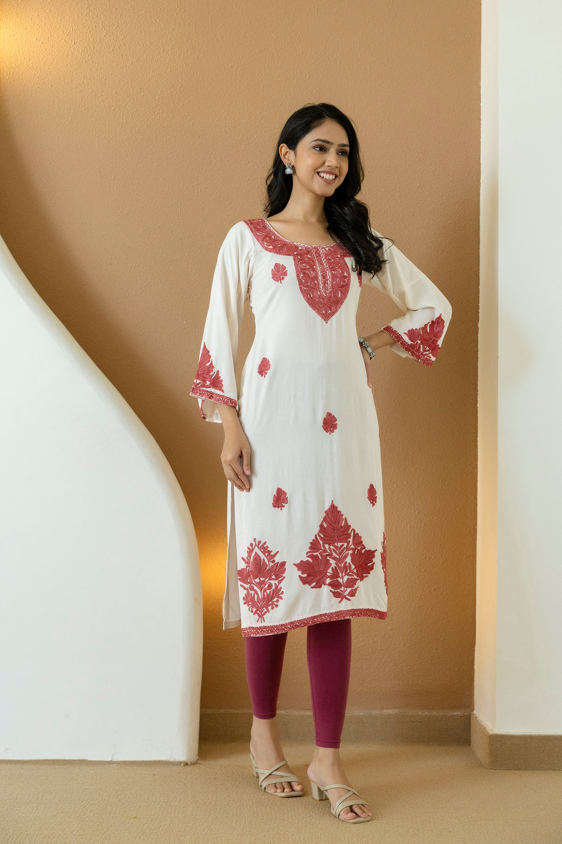 TOK Aari Embroidered Cotton Solid Women's Long Kurta - White
