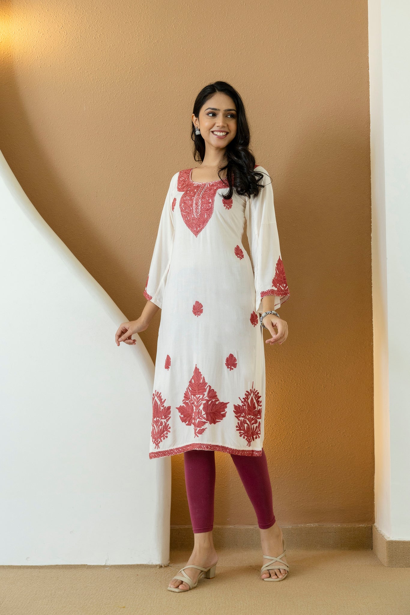 TOK Aari Embroidered Cotton Solid Women's Long Kurta - White