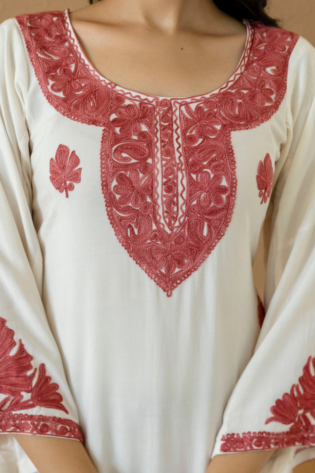 TOK Aari Embroidered Cotton Solid Women's Long Kurta - Off White