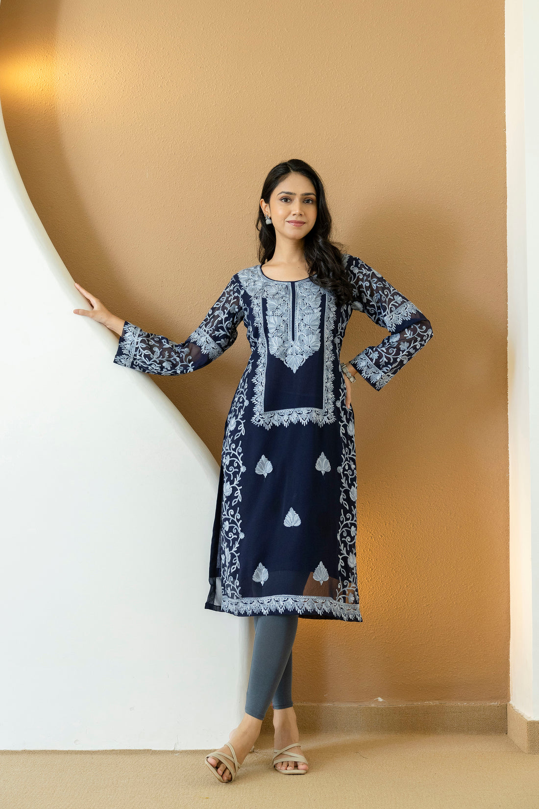 TOK Aari Embroidered Georgette Women's Long Kurta - Navy Blue