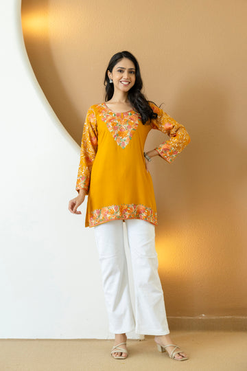 TOK Aari Embroidered Cotton Solid Women's Short Kurta - Mustard