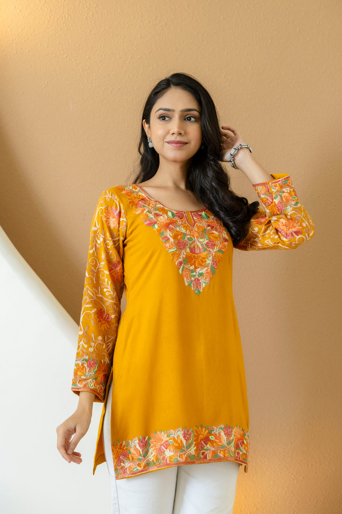 TOK Aari Embroidered Cotton Solid Women's Short Kurta - Mustard