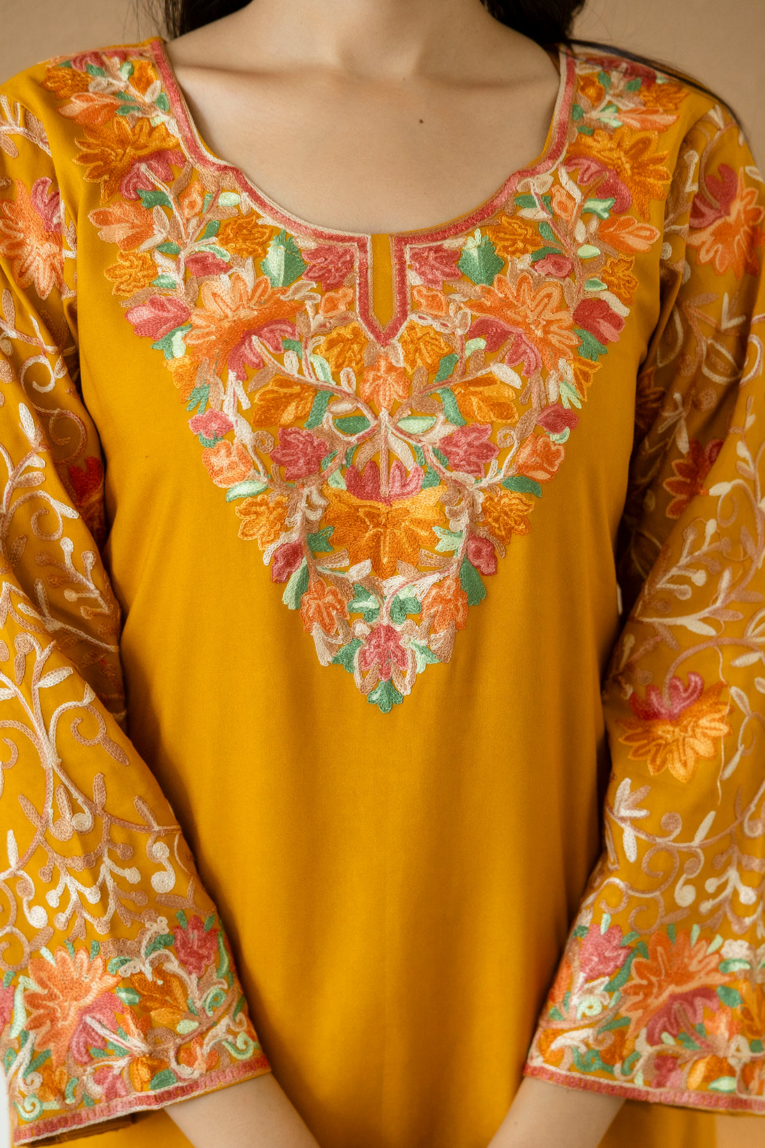 TOK Aari Embroidered Cotton Solid Women's Short Kurta - Mustard