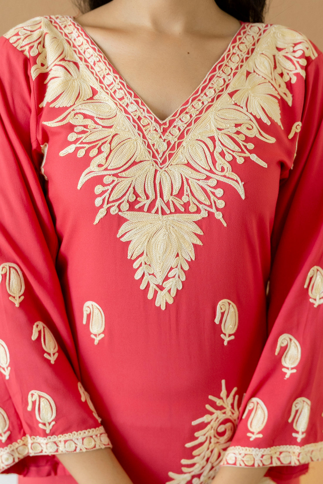 TOK Aari Embroidered Cotton Solid Women's Long Kurta - Pink