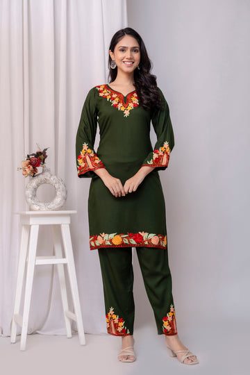 TOK Aari Embroidered Cotton Solid Women's 2PC Co-ord Set - Olive Green