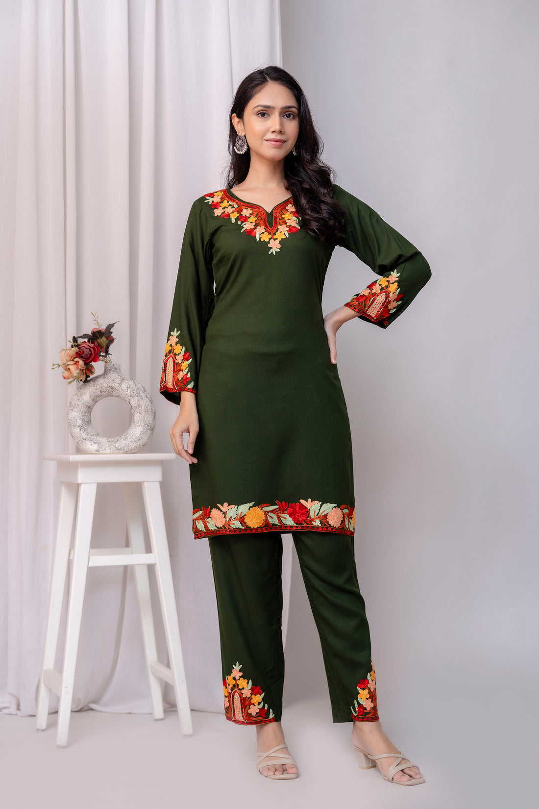 TOK Aari Embroidered Cotton Solid Women's 2PC Co-ord Set - Olive Green