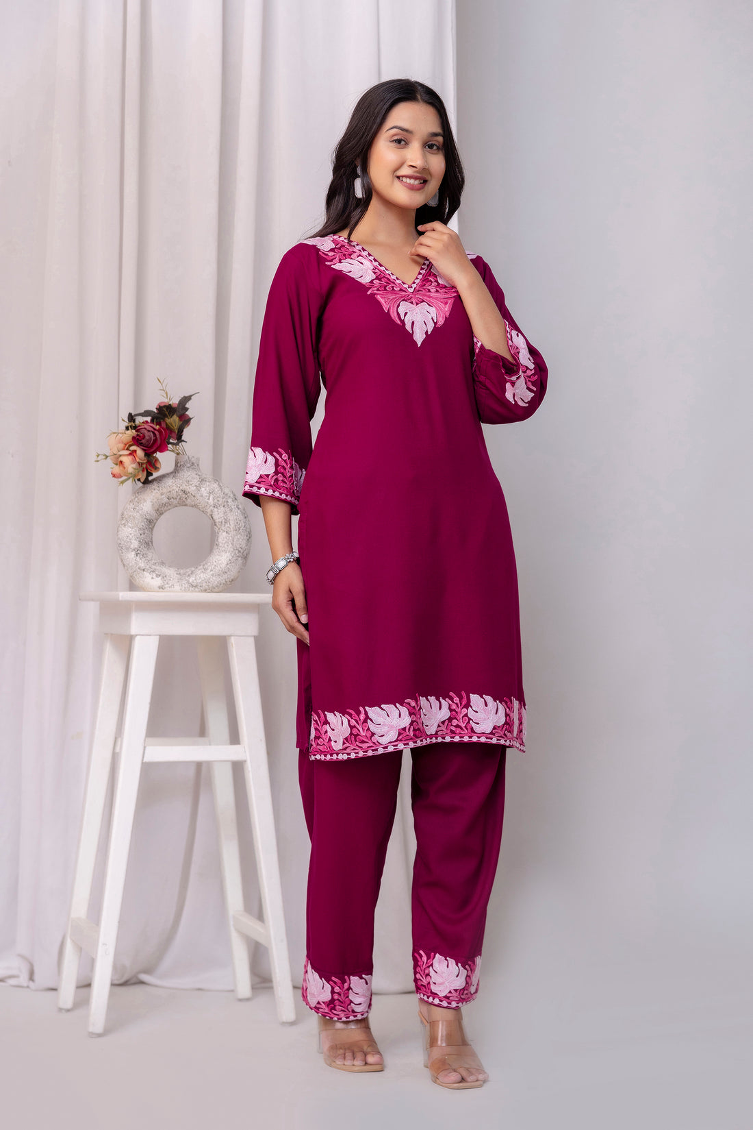 TOK Aari Embroidered Cotton Solid Women's 2PC Co-ord Set - Magenta