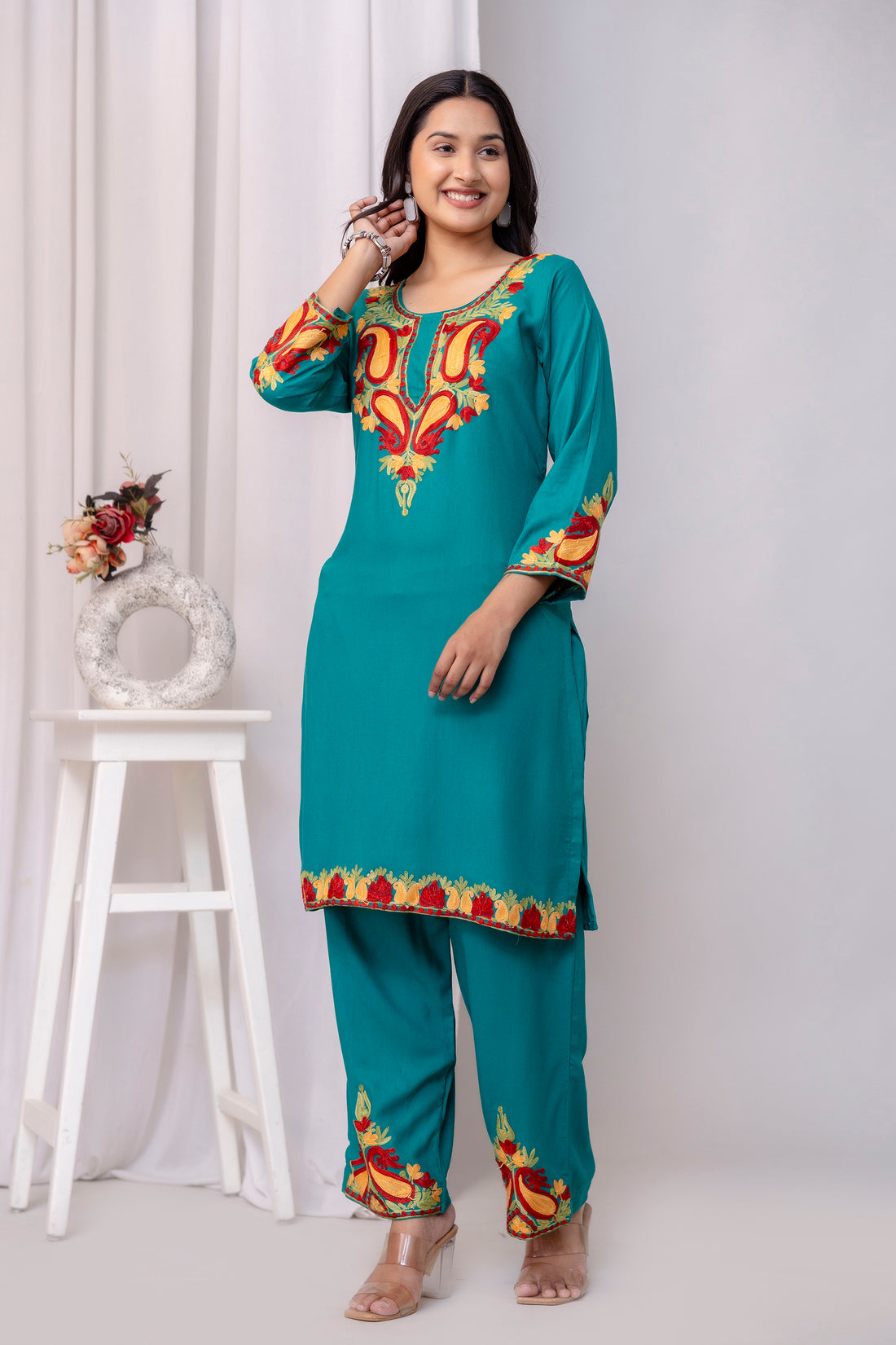 TOK Aari Embroidered Cotton Solid Women's 2PC Co-ord Set - Persian Green