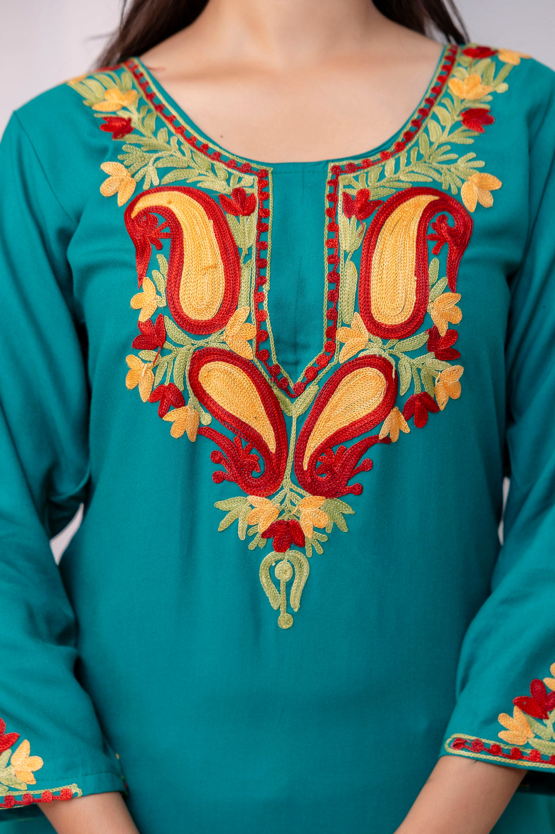 TOK Aari Embroidered Cotton Solid Women's 2PC Co-ord Set - Persian Green