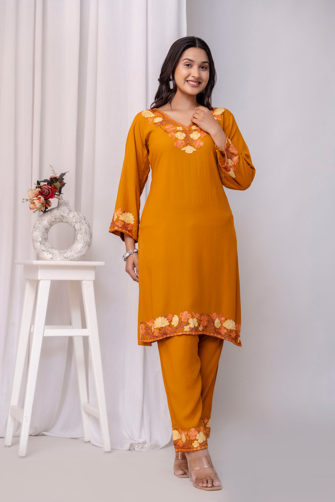 TOK Aari Embroidered Cotton Solid Women's 2PC Co-ord Set - Mustard