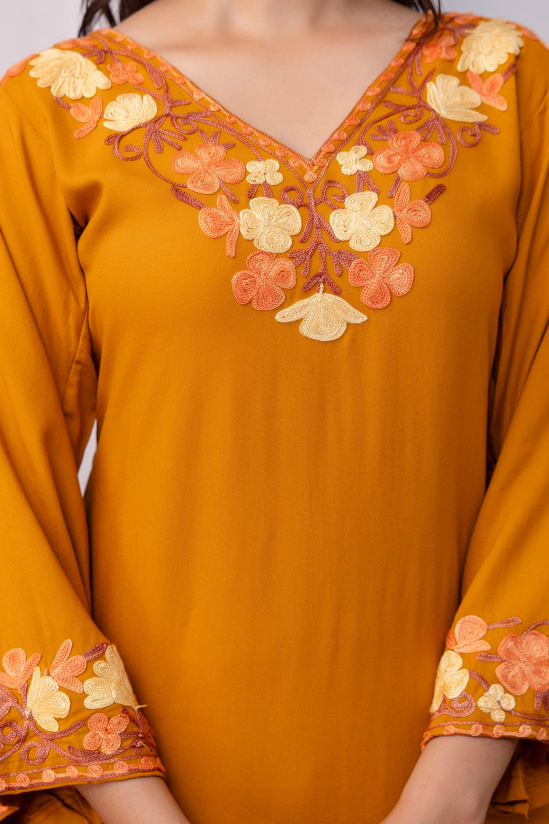 TOK Aari Embroidered Cotton Solid Women's 2PC Co-ord Set - Mustard