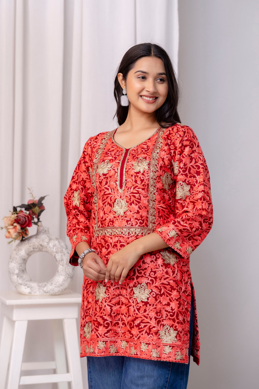 TOK Aari Embroidered Cotton Solid Women's Short Kurta - Red