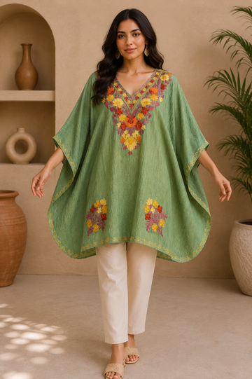 Light green Crush Cotton Kaftan – Multicolor Embroidery | All-Purpose Comfort Ethnic Wear Free Size