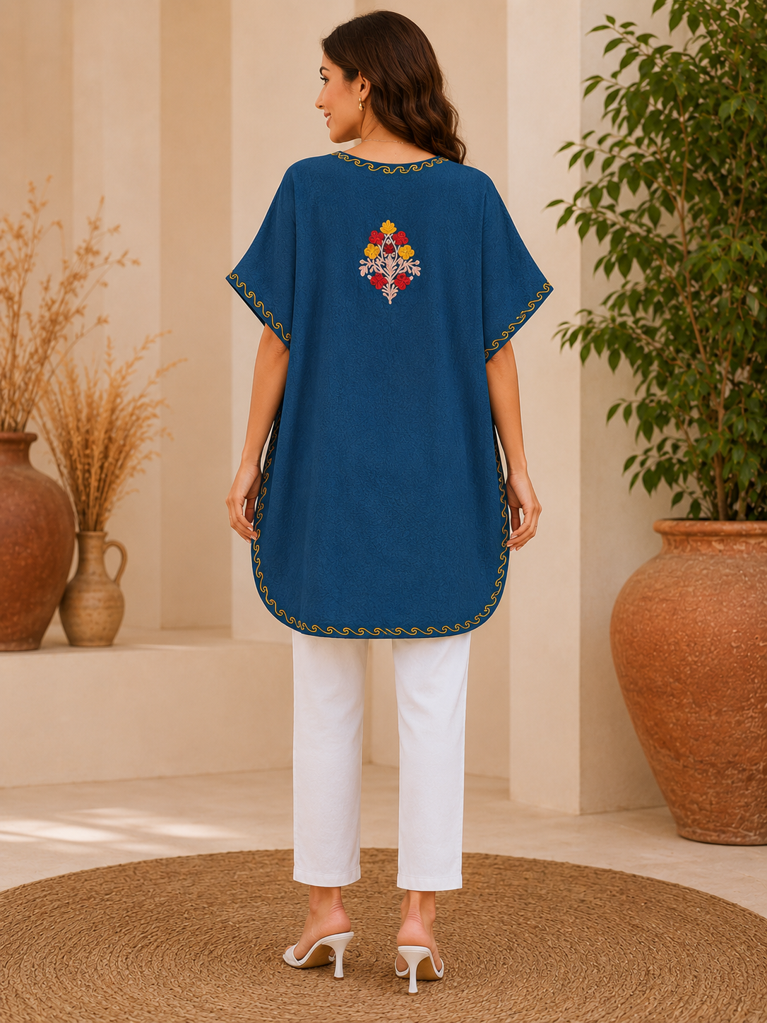 Peacock Blue Crush Cotton Kaftan – Multicolor Embroidery | All-Purpose Comfort Ethnic Wear Free Size