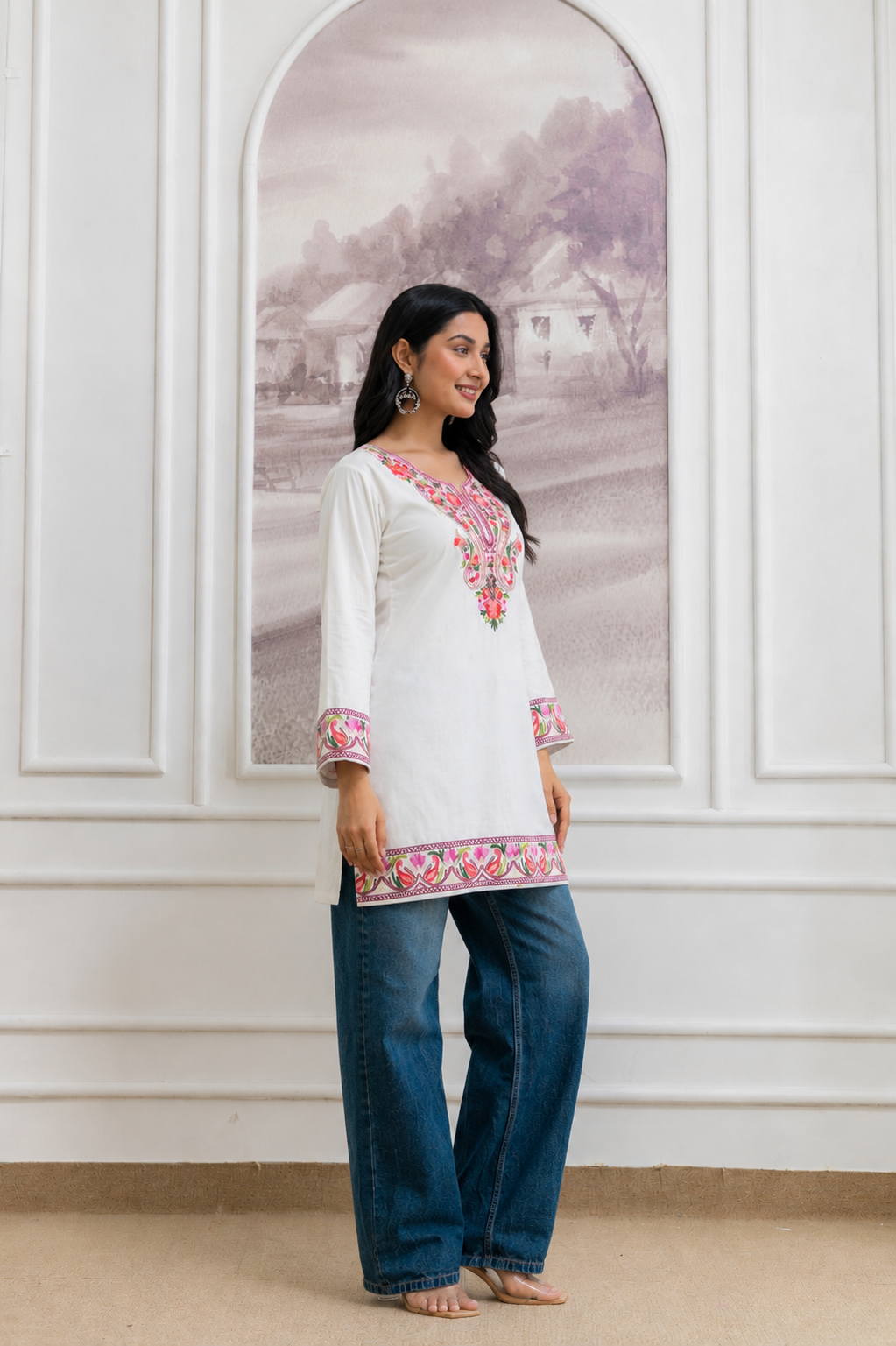 TOK Aari Embroidered Cotton Solid Women's Short Kurta - White