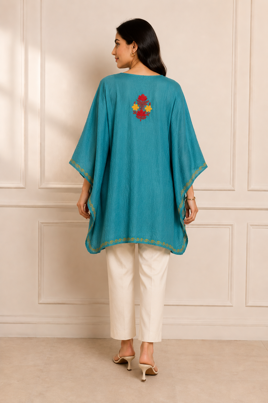 Peacock Blue Crush Cotton Kaftan – Multicolor Embroidery | All-Purpose Comfort Ethnic Wear Free Size