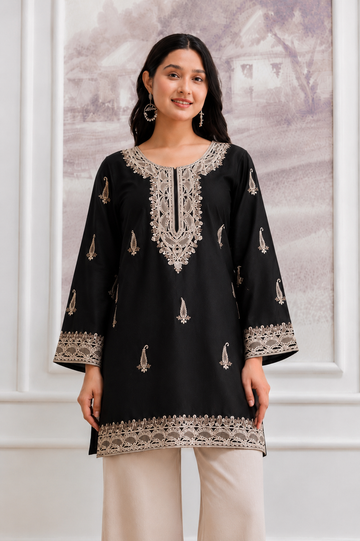 TOK Aari Embroidered Cotton Solid Women's Short Kurta - Black