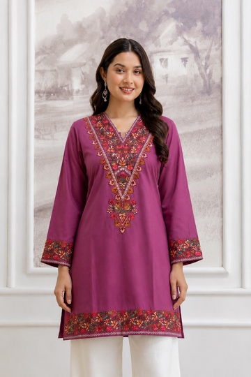 TOK Aari Embroidered Cotton Solid Women's Short Kurta - Onion Pink