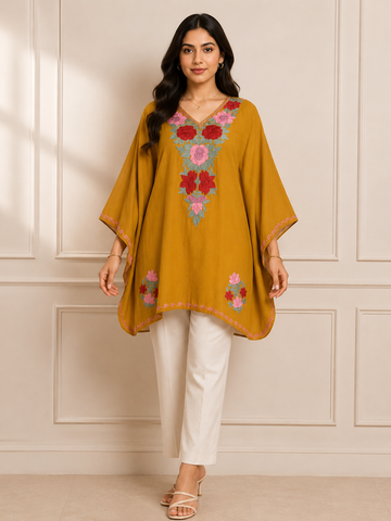 Mustard Crush Cotton Kaftan – Multicolor Embroidery | All-Purpose Comfort Ethnic Wear Free Size