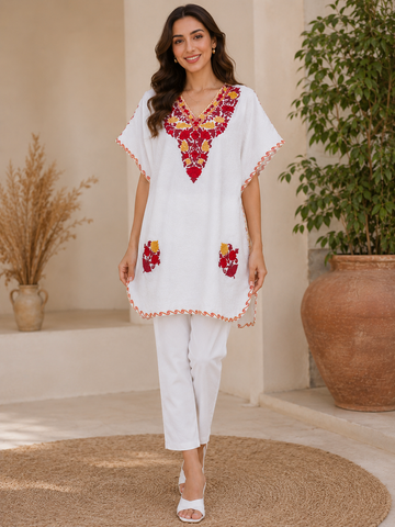 White Crush Cotton Kaftan – Multicolor Embroidery | All-Purpose Comfort Ethnic Wear Free Size