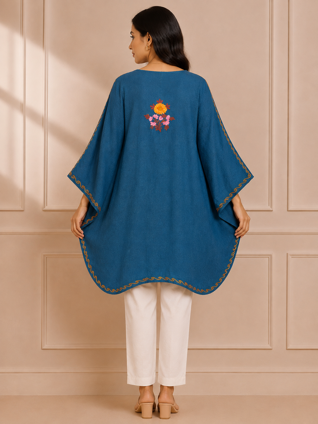 Peacock Blue Crush Cotton Kaftan – Multicolor Embroidery | All-Purpose Comfort Ethnic Wear Free Size