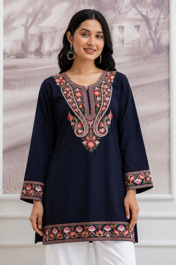 TOK Aari Embroidered Cotton Solid Women's Short Kurta - Navy Blue