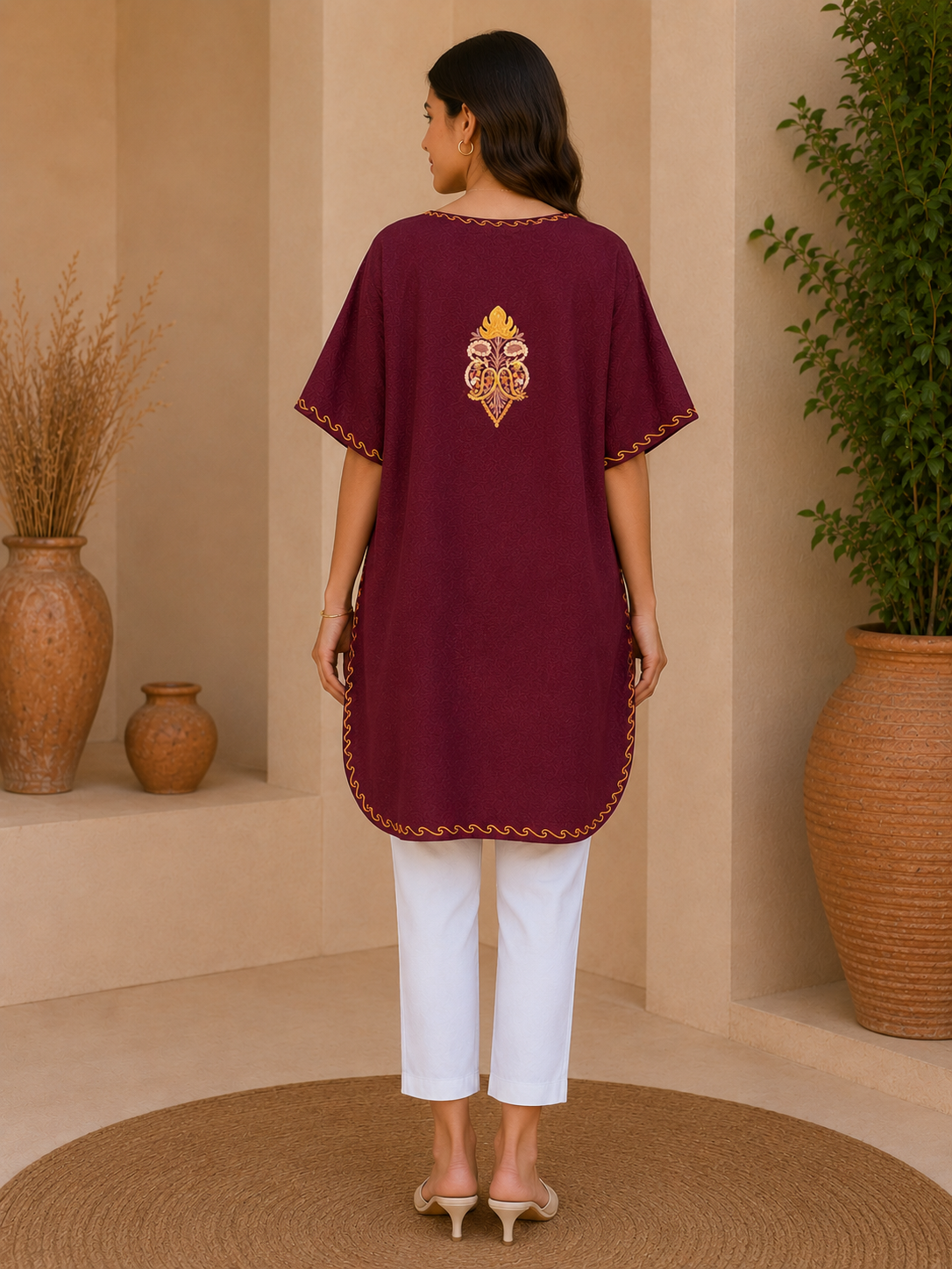 Wine Color Crush Cotton Kaftan – Multicolor Embroidery | All-Purpose Comfort Ethnic Wear Free Size
