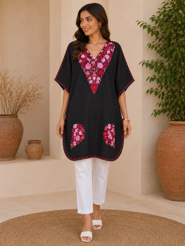 Black Crush Cotton Kaftan – Multicolor Embroidery | All-Purpose Comfort Ethnic Wear Free Size