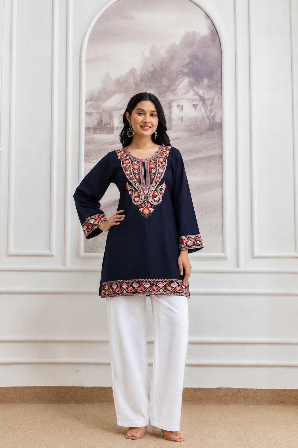 TOK Aari Embroidered Cotton Solid Women's Short Kurta - Navy Blue