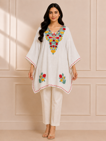 White Crush Cotton Kaftan – Multicolor Embroidery | All-Purpose Comfort Ethnic Wear Free Size