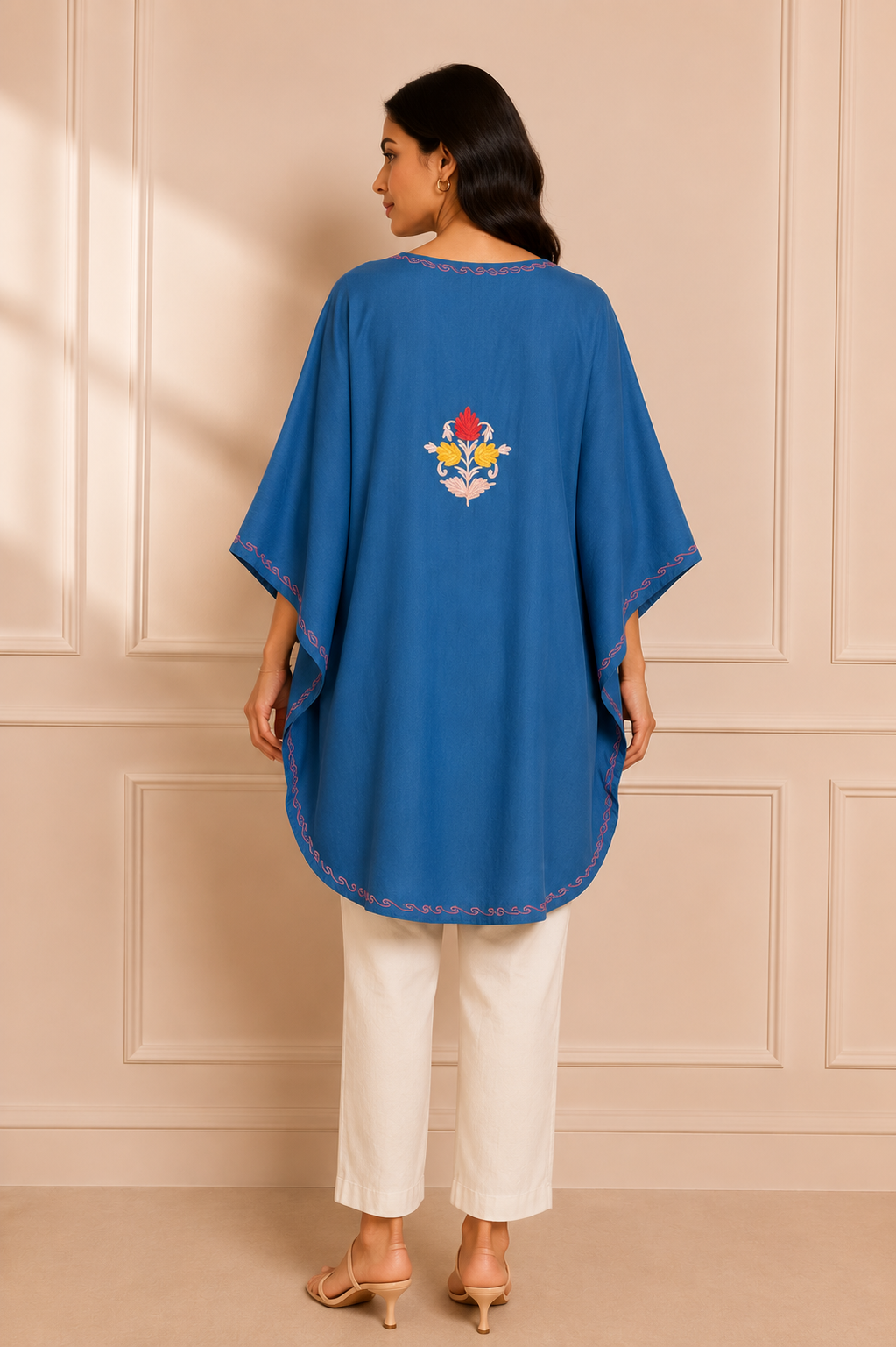 Peacock Blue Crush Cotton Kaftan – Multicolor Embroidery | All-Purpose Comfort Ethnic Wear Free Size