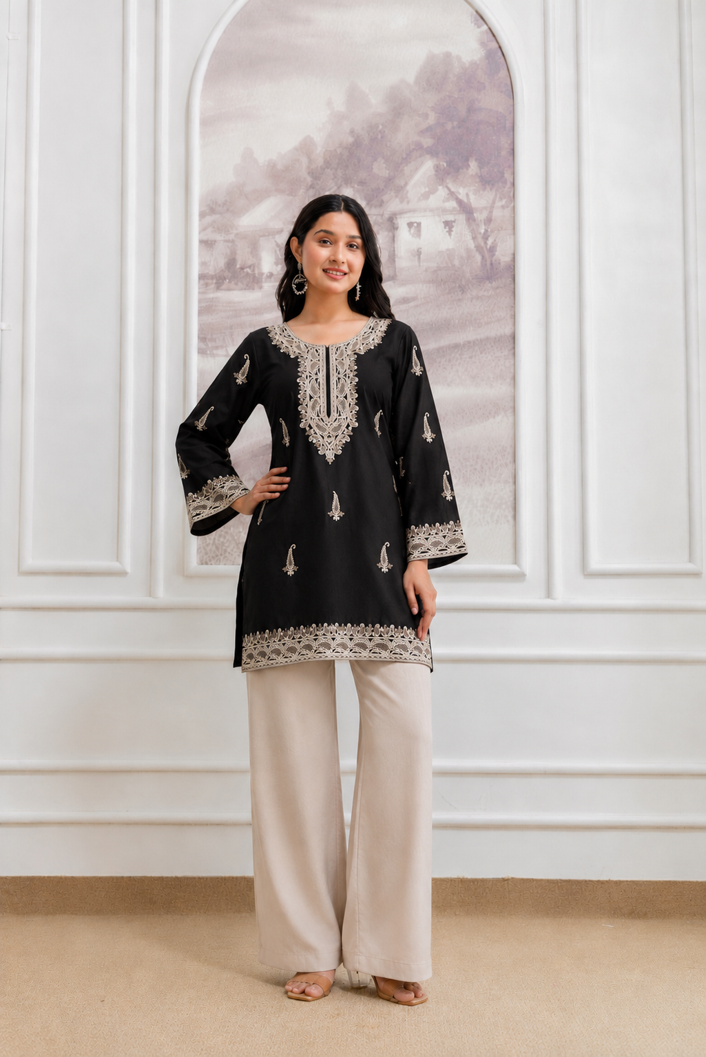 TOK Aari Embroidered Cotton Solid Women's Short Kurta - Black