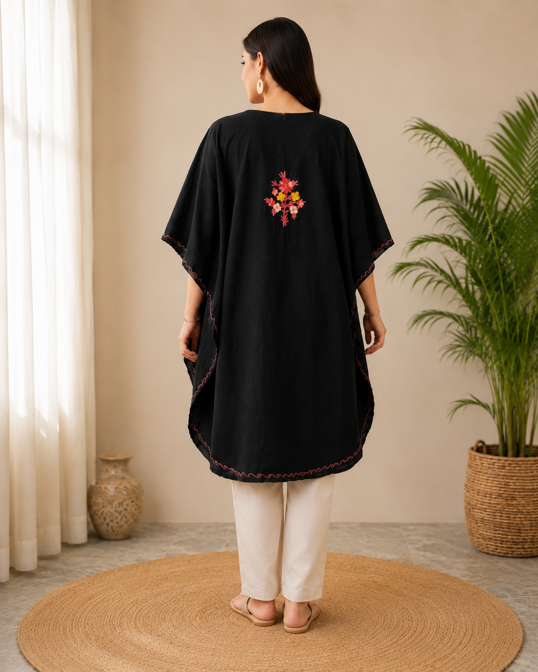 Black Crush Cotton Kaftan – Multicolor Embroidery | All-Purpose Comfort Ethnic Wear Free Size