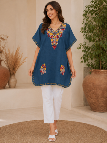 Peacock Blue Crush Cotton Kaftan – Multicolor Embroidery | All-Purpose Comfort Ethnic Wear Free Size